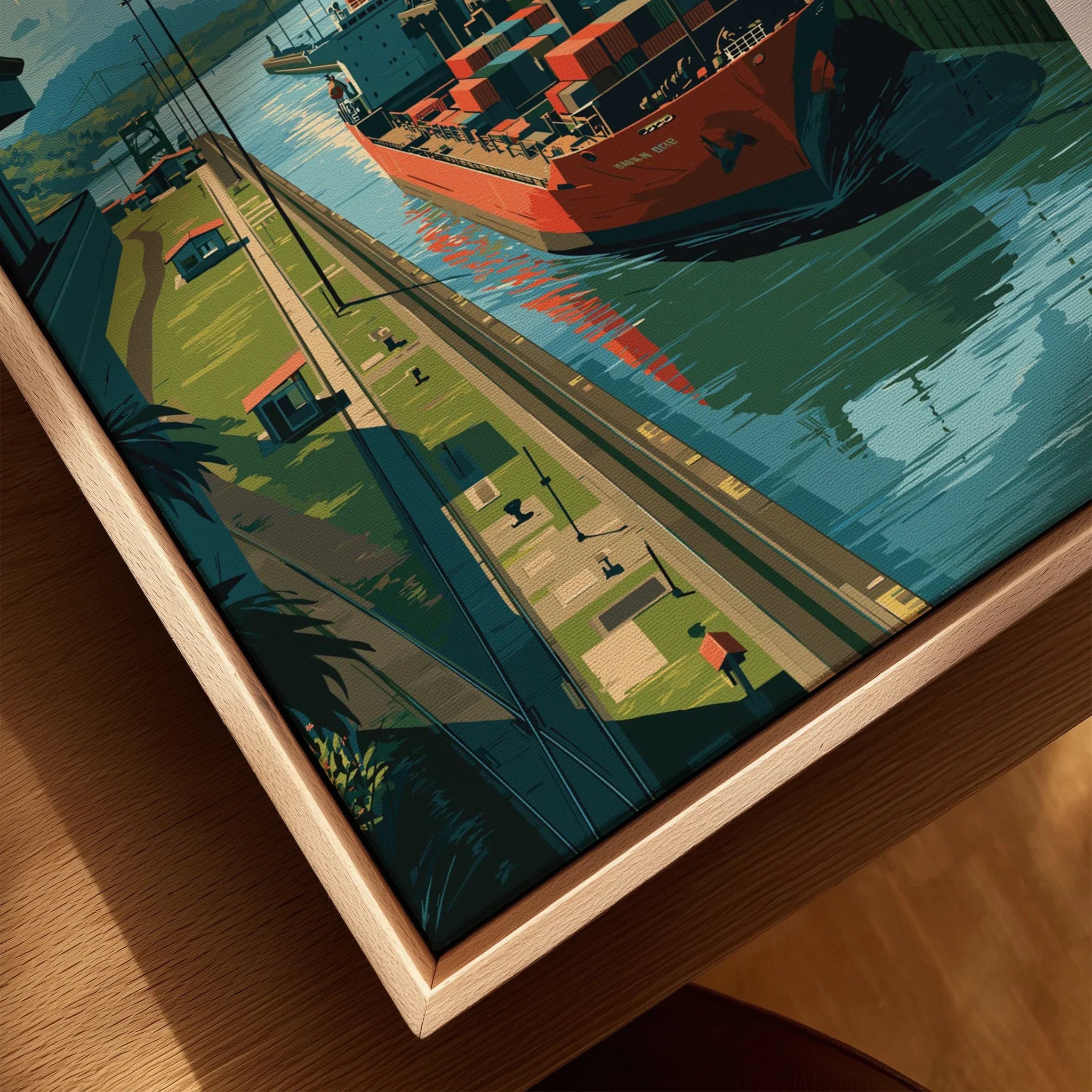 Vibrant travel poster of cargo ship in harbor, perfect for home decor wall art