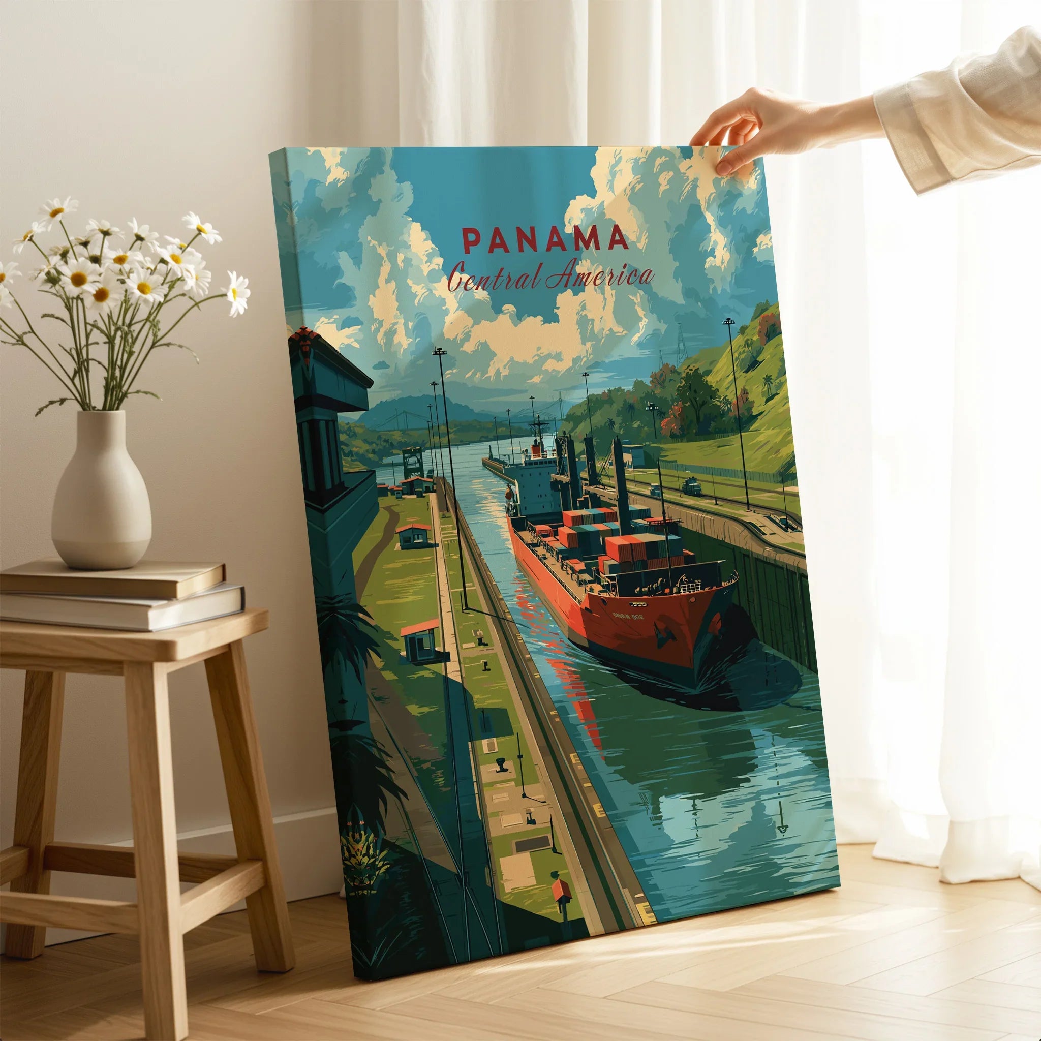 Panama Central America travel poster featuring canal and cargo ship, vibrant wall art for home decor