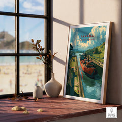 Panama travel poster featuring canal, cargo ship, and lush green hills for home decor