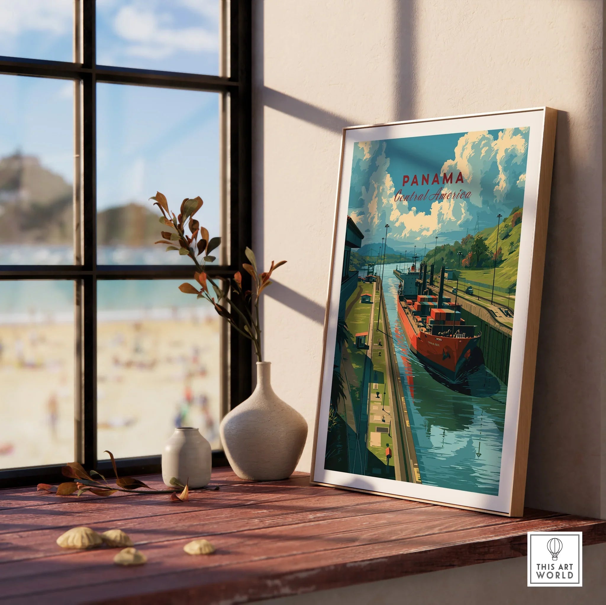Panama travel poster featuring canal, cargo ship, and lush green hills for home decor