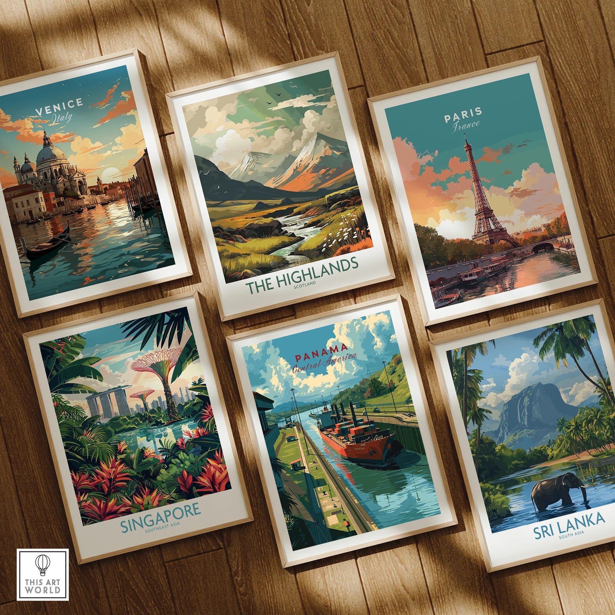 Travel posters featuring Venice, Paris, Singapore, Panama, Sri Lanka, and The Highlands for home decor