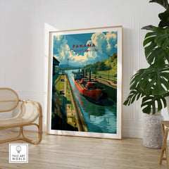 Panama Central America travel poster featuring canal and cargo ship, vibrant wall art for home decor