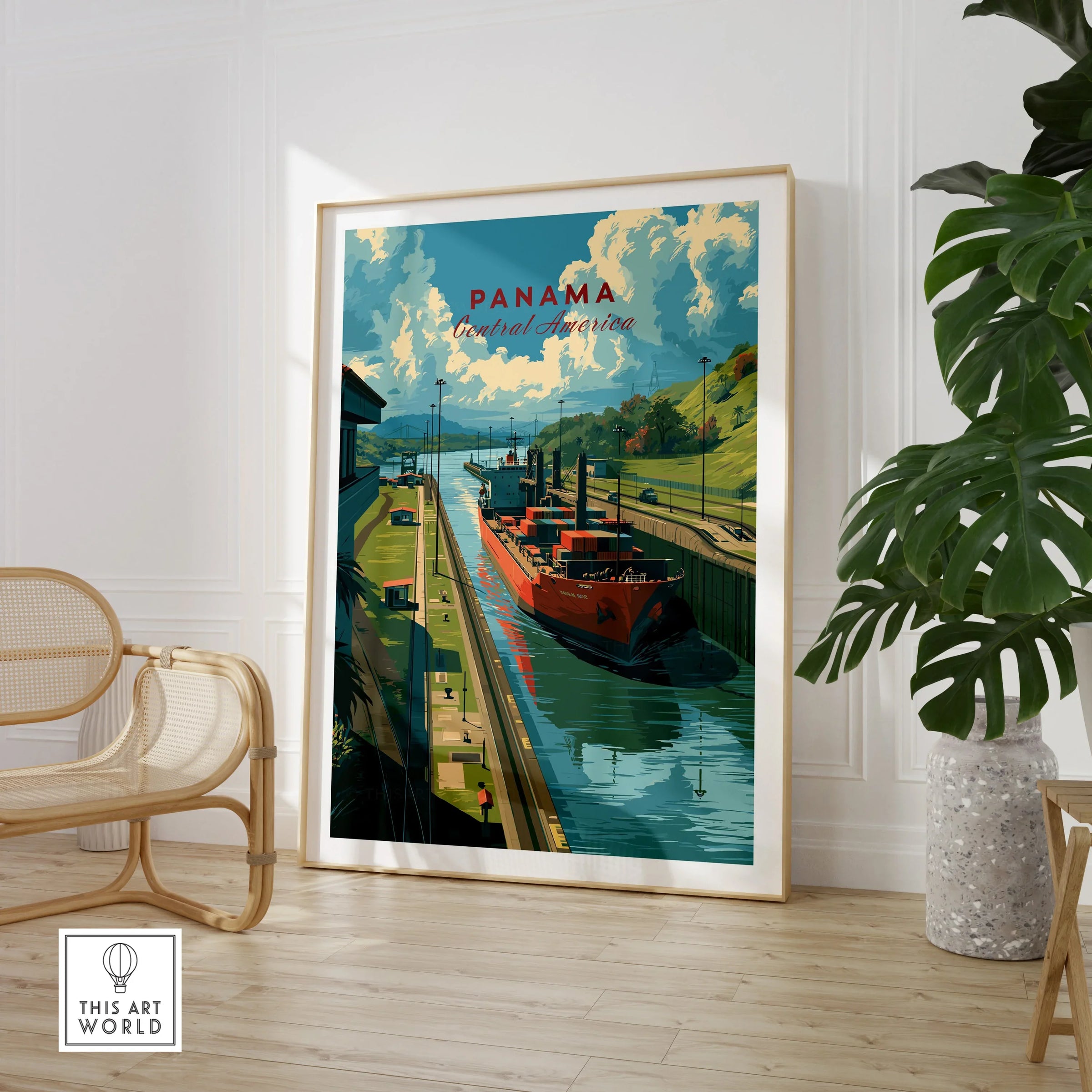 Panama Central America travel poster featuring canal and cargo ship, vibrant wall art for home decor