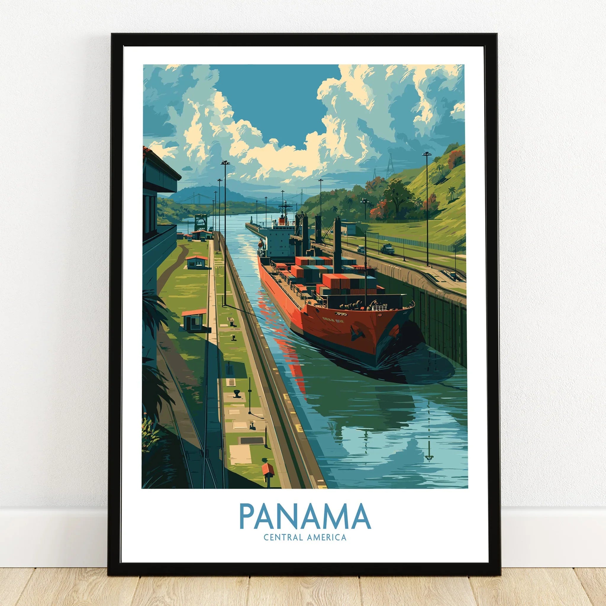 Panama travel poster featuring cargo ship in canal, vibrant Central America wall art for home decor