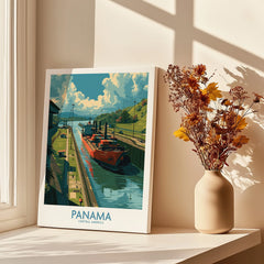 Panama travel poster art featuring canal cargo ship, Central America wall decor with dried flowers beside