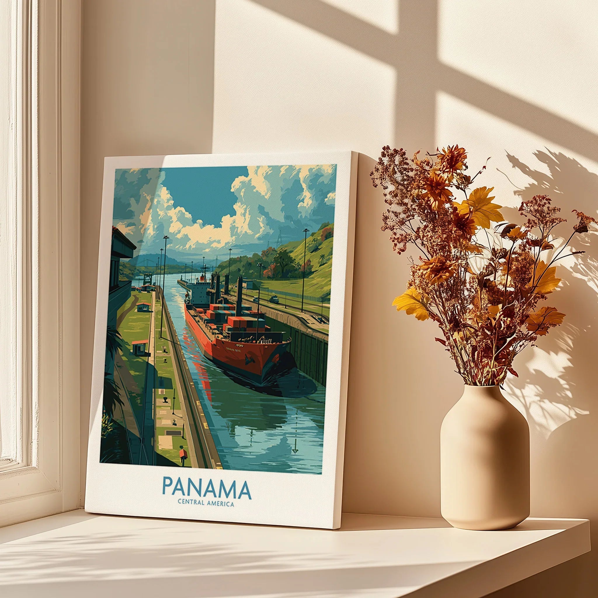 Panama travel poster art featuring canal cargo ship, Central America wall decor with dried flowers beside