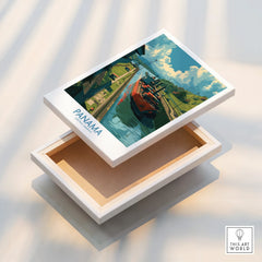 Panama travel poster featuring a ship in the canal, vibrant sky, and lush greenery, perfect for wall art.
