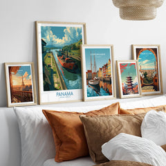 Framed travel posters of Paris, Panama, Copenhagen, Tokyo, and Barcelona for home wall art decor