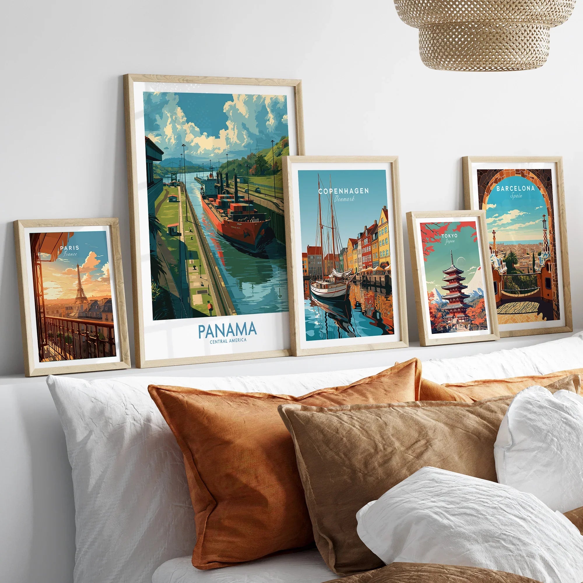 Framed travel posters of Paris, Panama, Copenhagen, Tokyo, and Barcelona for home wall art decor