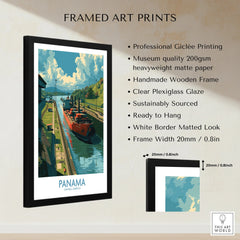 Framed Panama travel poster art print featuring canal scene, ideal for home decor wall art with white mat and black frame