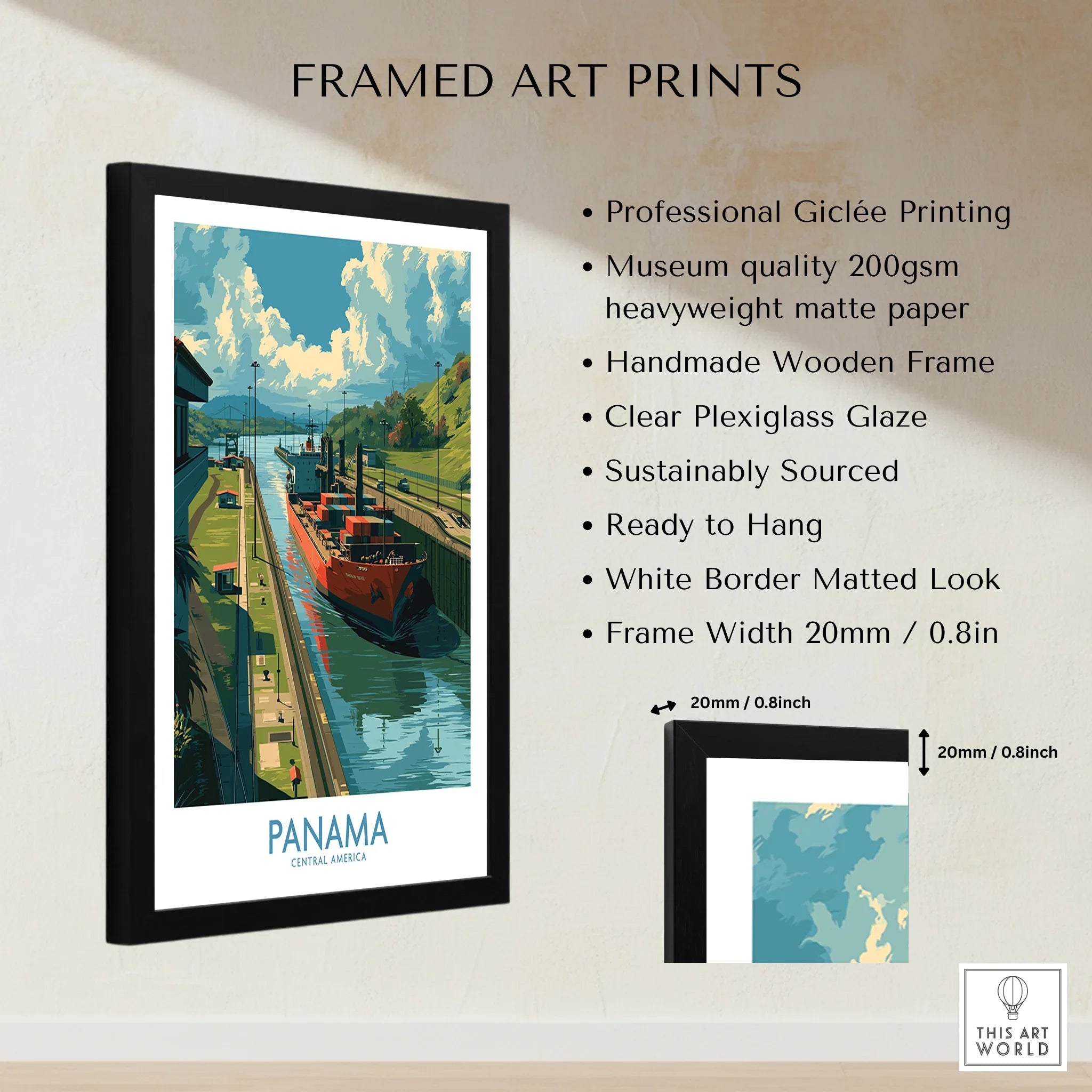 Framed Panama travel poster art print featuring canal scene, ideal for home decor wall art with white mat and black frame