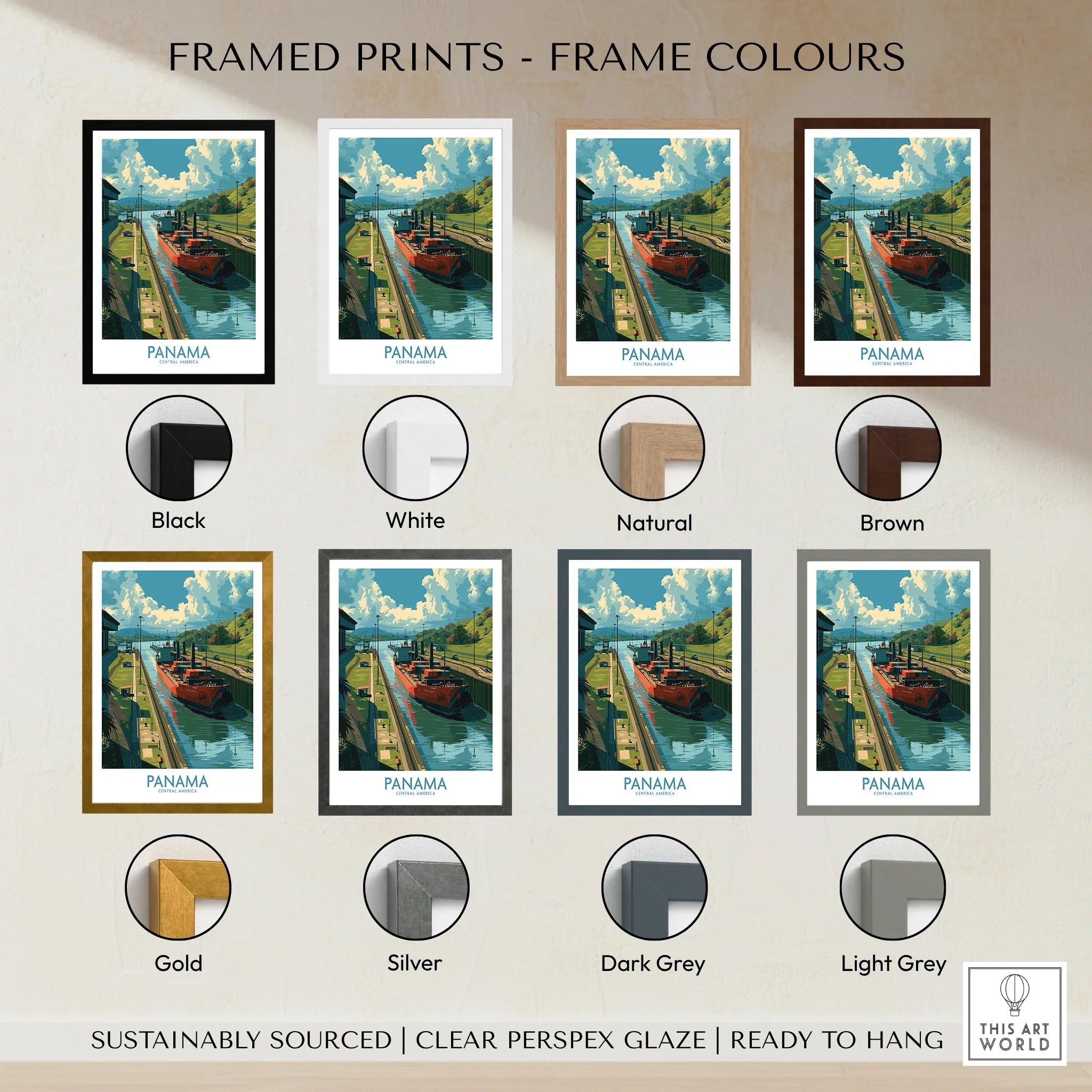 Panama travel poster in eight frame colors: black, white, natural, brown, gold, silver, dark grey, light grey