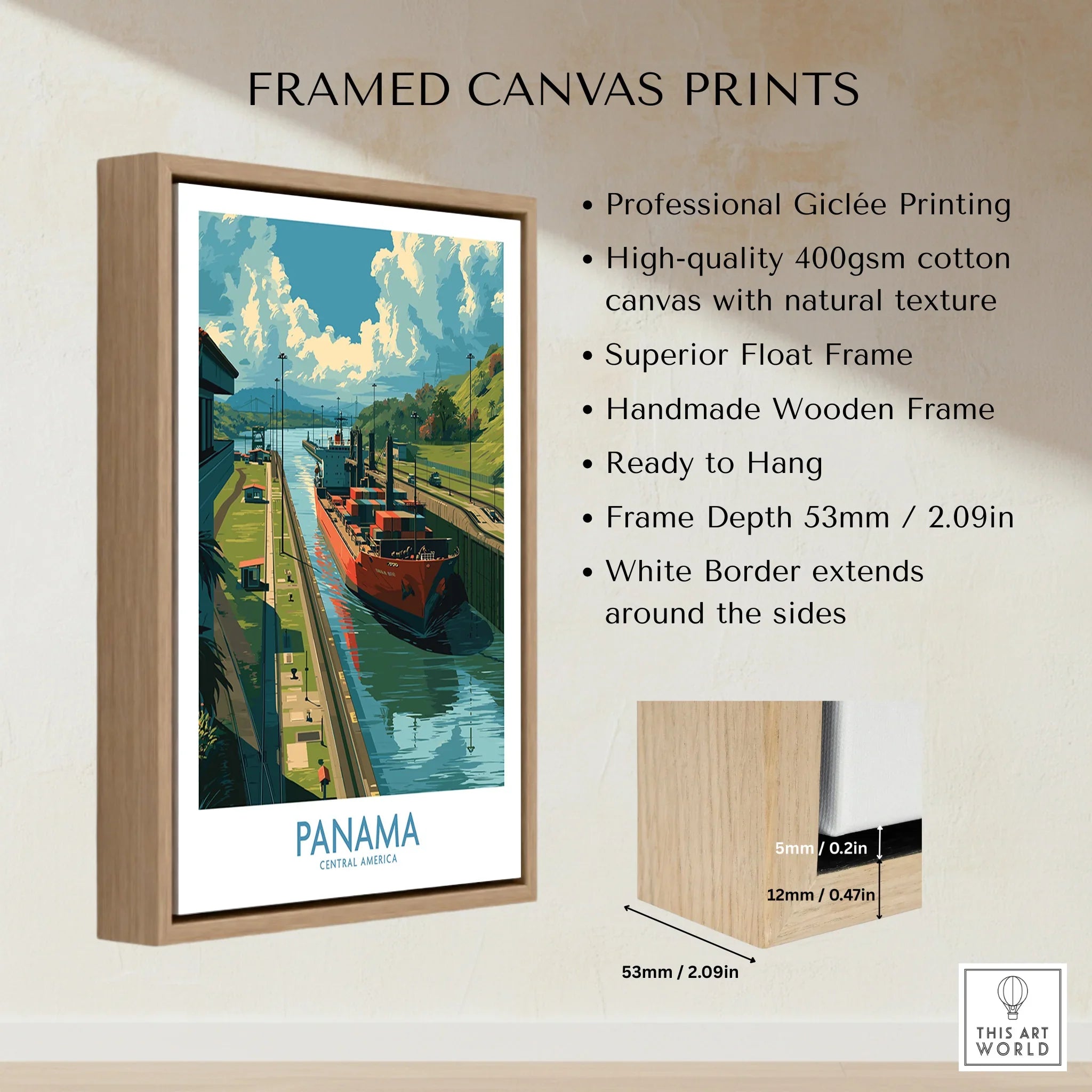 Framed Panama travel poster print with cargo ship in canal, wooden float frame, ideal for home wall art decor