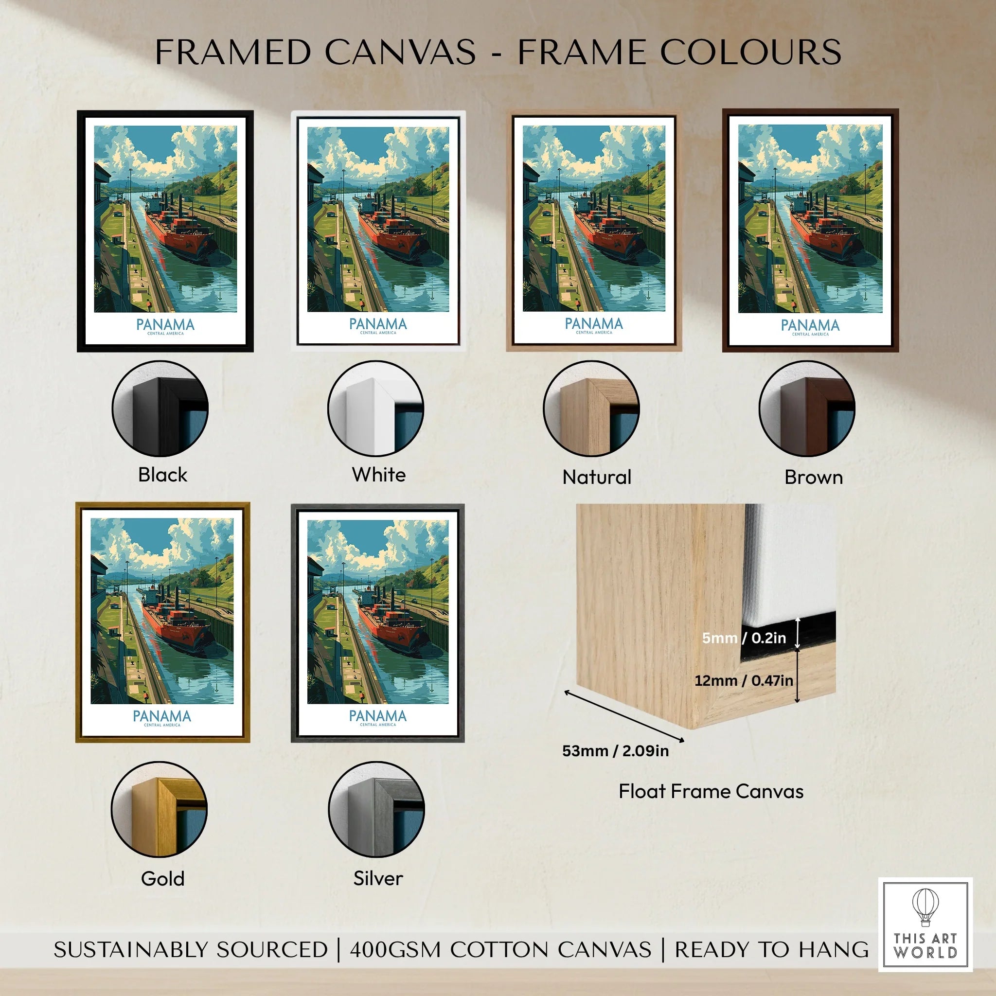 Panama travel poster in black, white, natural, brown, gold, and silver frames — float frame canvas wall art