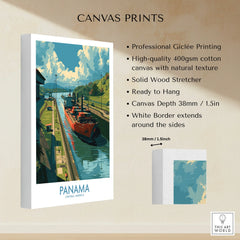 Panama travel poster canvas print featuring cargo ship in canal, vibrant sky, green hills, ready to hang wall art