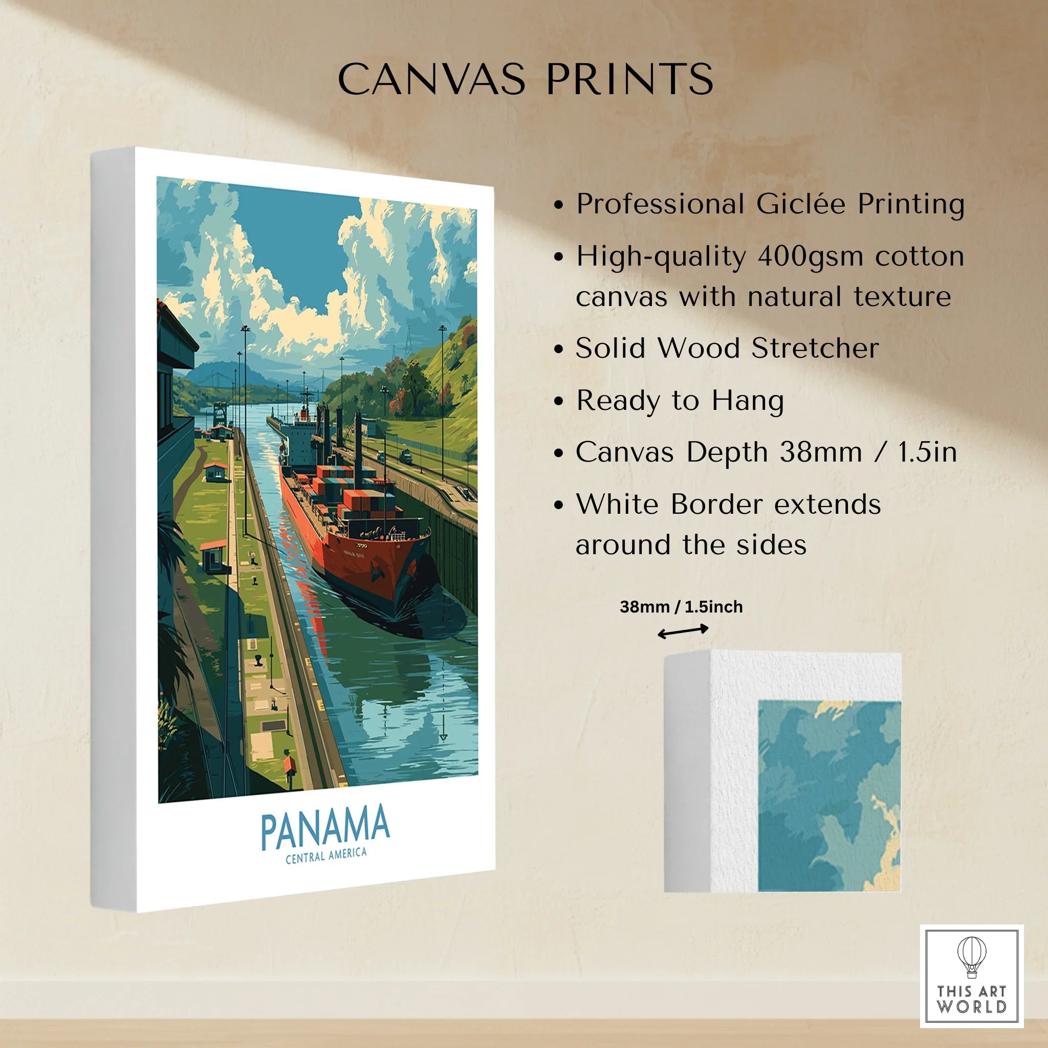 Panama travel poster canvas print featuring cargo ship in canal, vibrant sky, green hills, ready to hang wall art