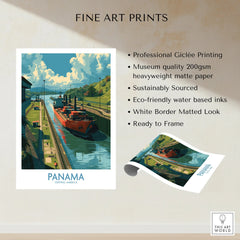 Panama travel poster featuring cargo ship in canal, vibrant landscape, fine art print ready to frame