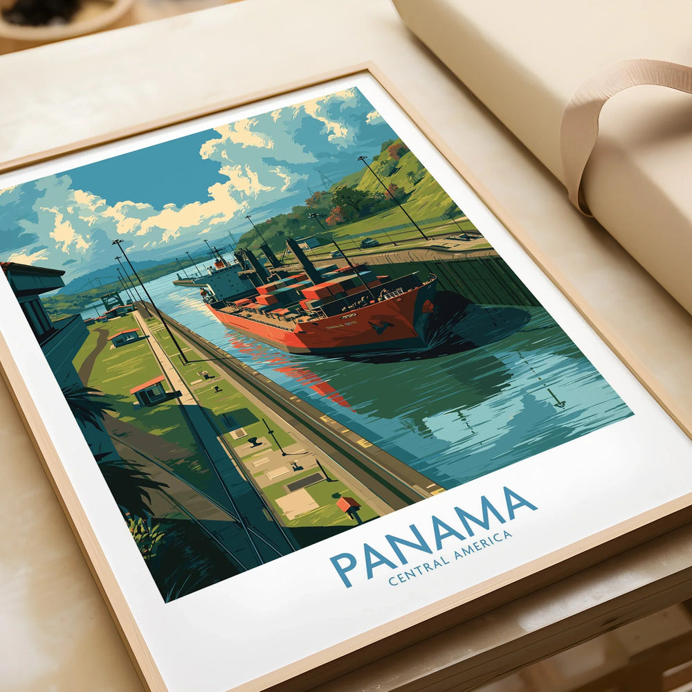 Panama travel poster featuring cargo ship in canal, vibrant Central America wall art for home decor