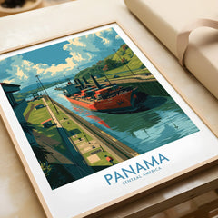 Panama travel poster featuring cargo ship in canal, vibrant Central America wall art for home decor