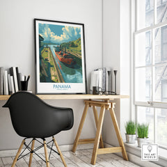 Panama travel poster featuring canal & cargo ship, ideal wall art for home or office decor