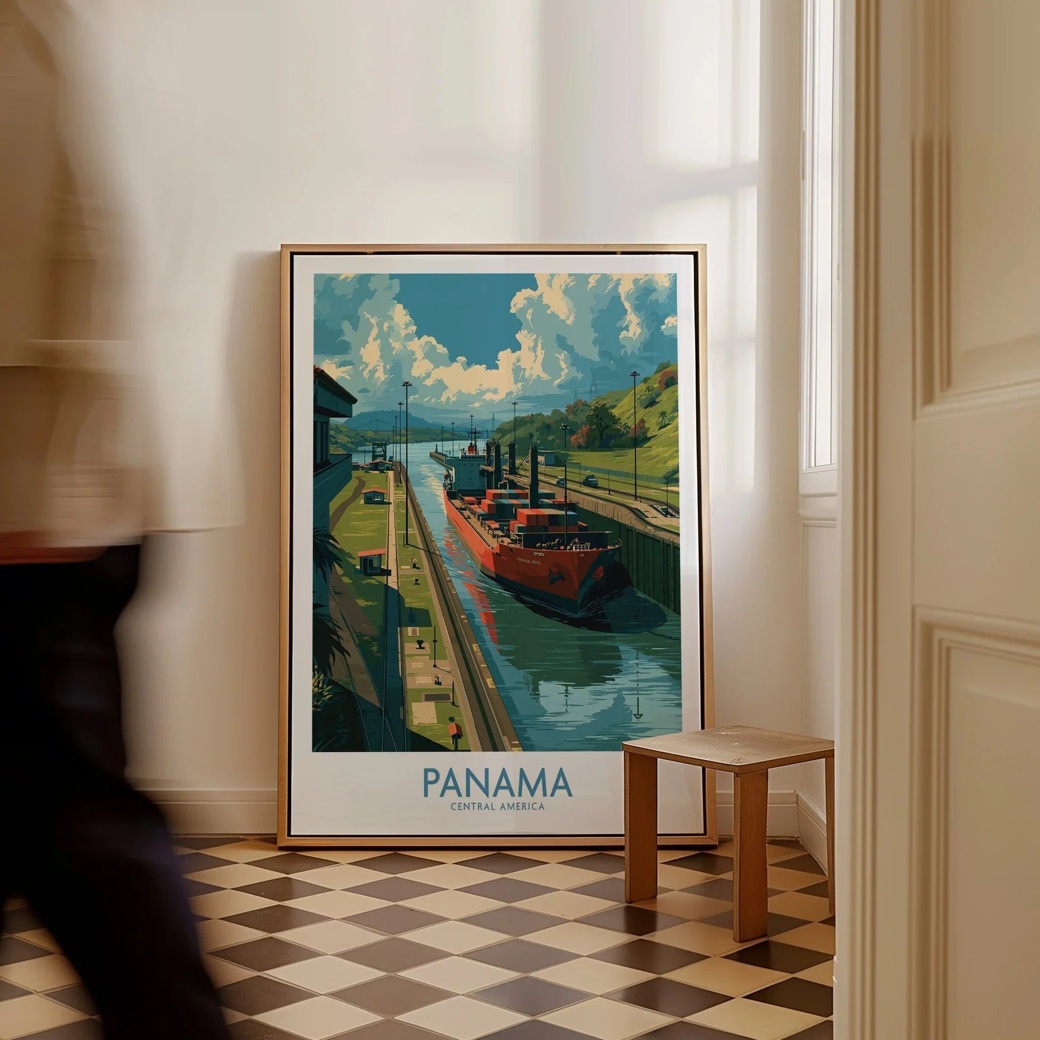 Panama travel poster featuring cargo ship in canal, Central America wall art for home decor