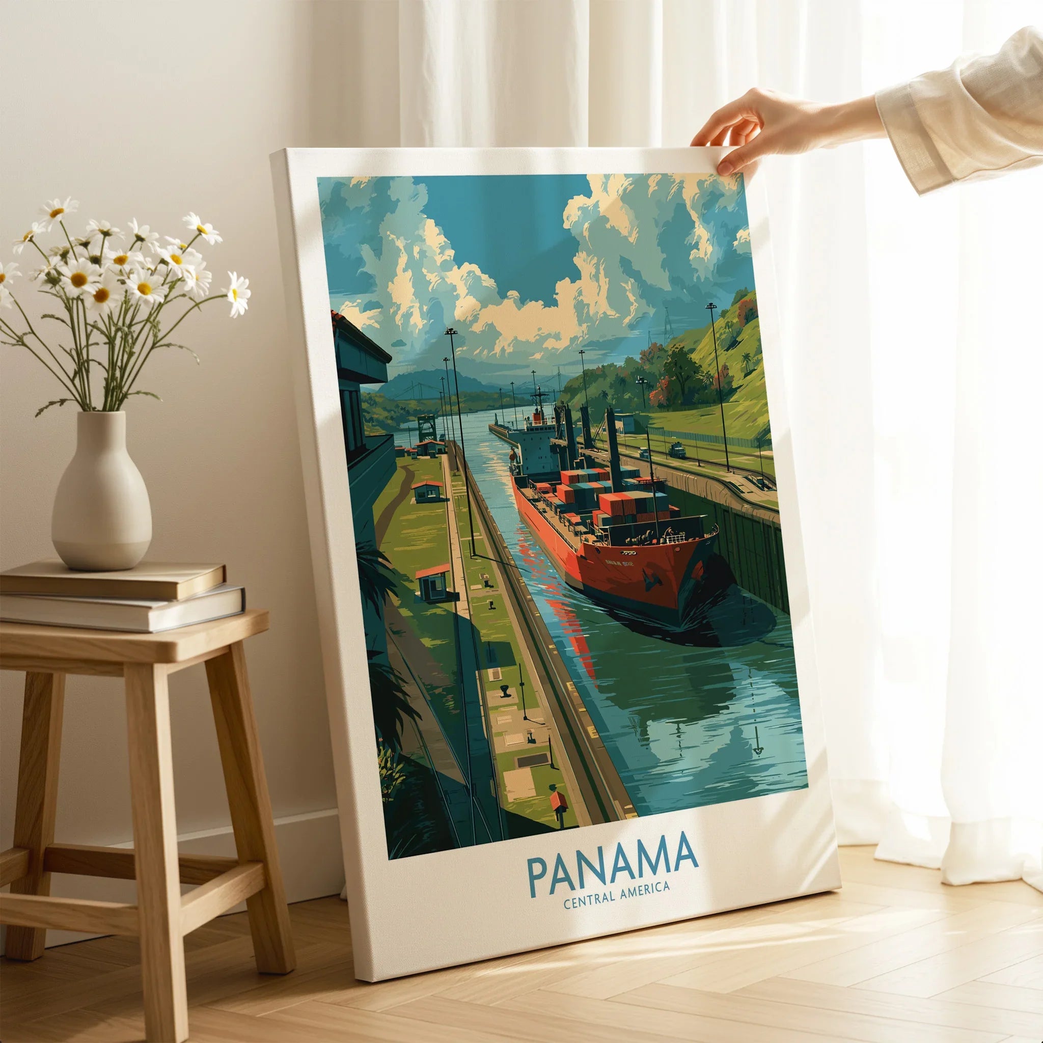 Panama travel poster canvas art featuring canal ship, vibrant Central America scenery for home decor