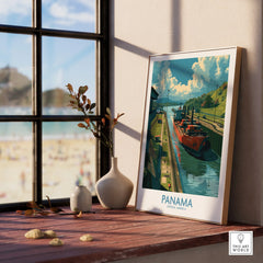 Panama travel poster featuring canal, cargo ship, and lush hills, ideal for home decor