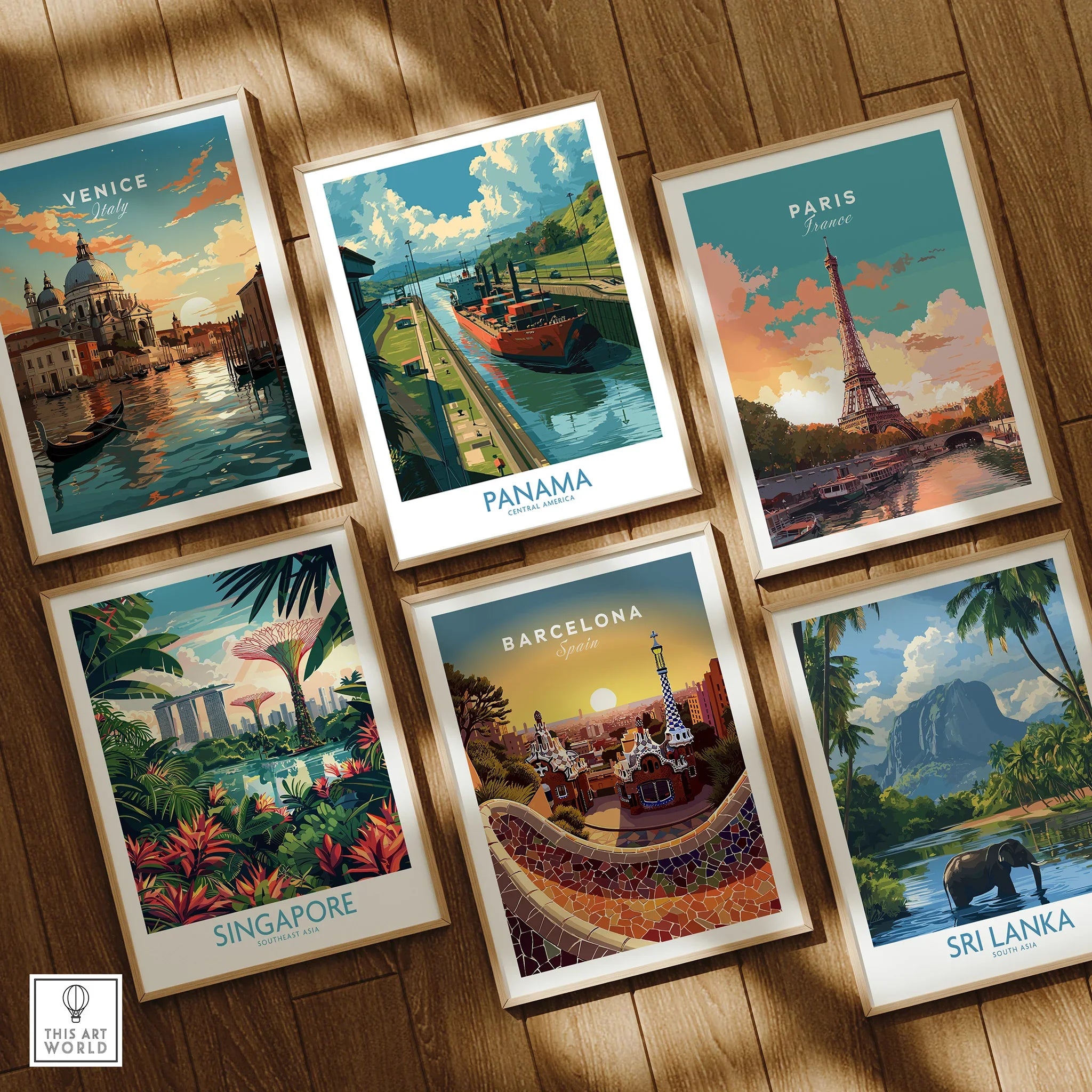 Framed travel posters of Venice, Panama, Paris, Singapore, Barcelona, and Sri Lanka for wall art decor