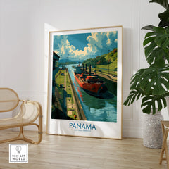 Panama travel poster featuring a cargo ship in the canal, vibrant Central America scenery, and bold typography.
