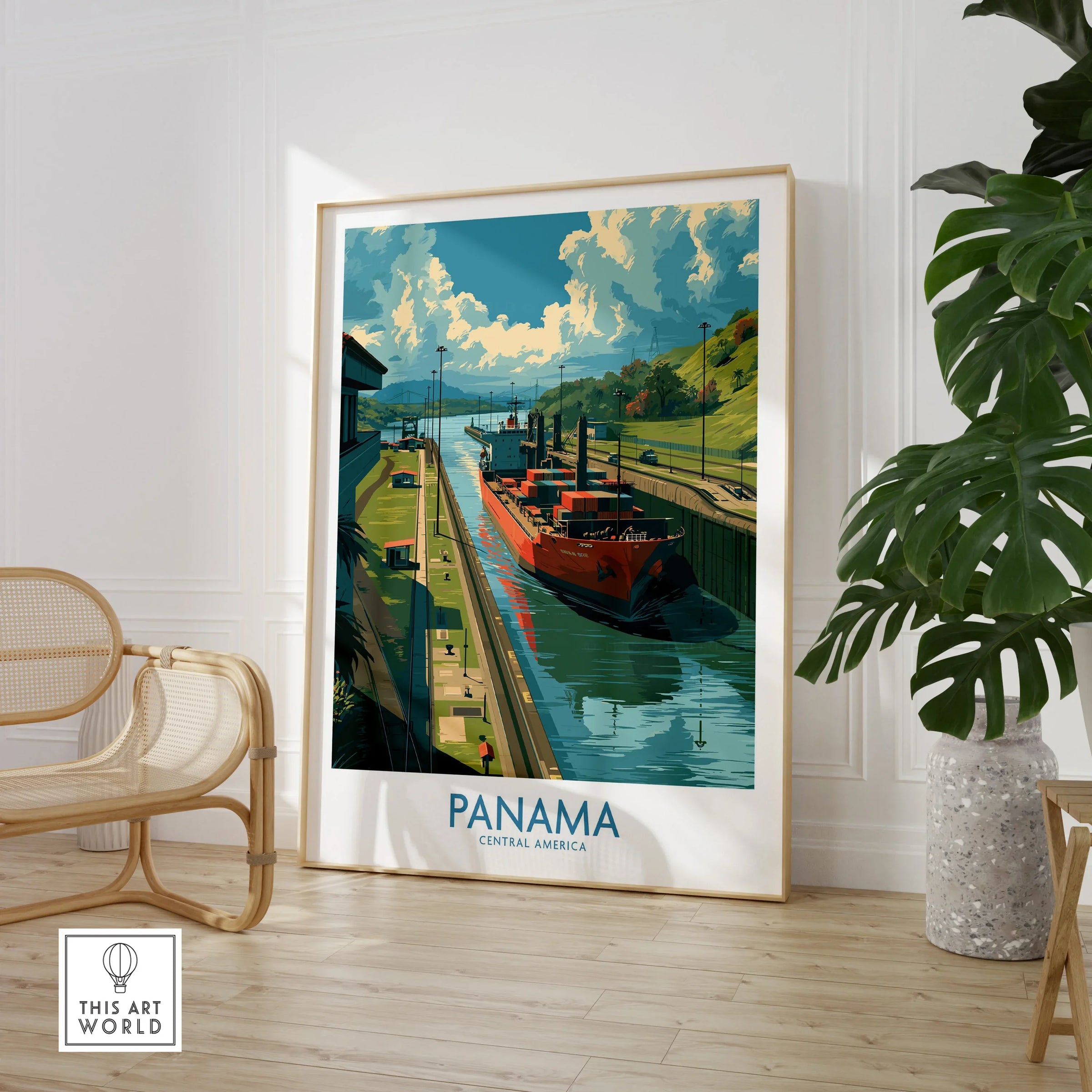 Panama travel poster featuring a cargo ship in the canal, vibrant Central America scenery, and bold typography.
