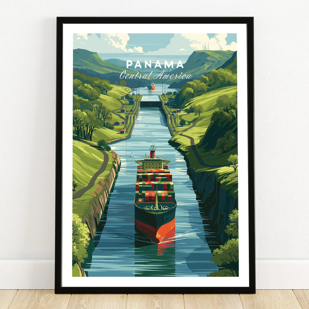 Panama Canal travel poster with cargo ship, lush green hills, and Central America scenery for wall art.