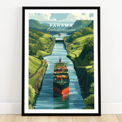 Panama Canal travel poster with cargo ship, lush green hills, and Central America scenery for wall art.