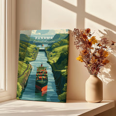 Panama Central America travel poster with canal and cargo ship, vibrant green hills, home decor art