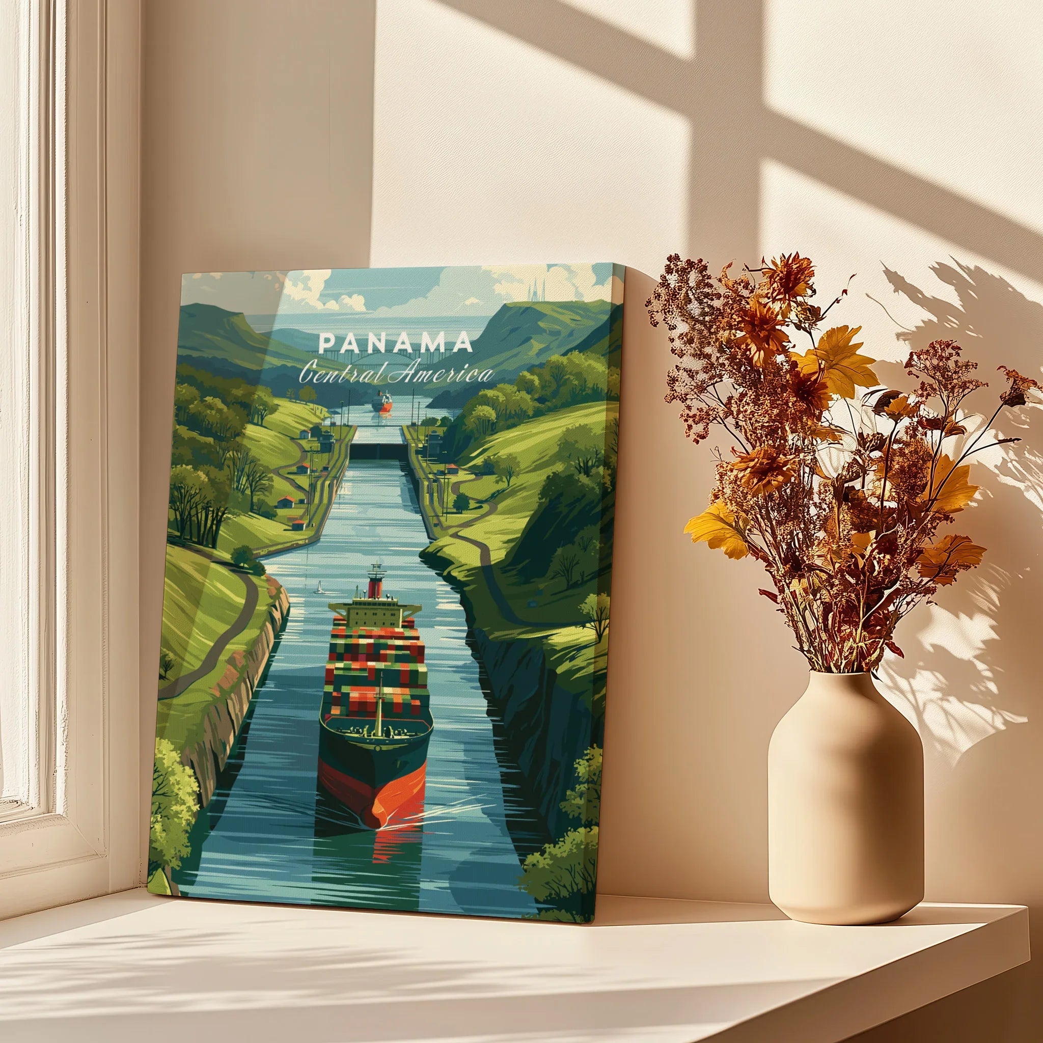 Panama Central America travel poster with canal and cargo ship, vibrant green hills, home decor art