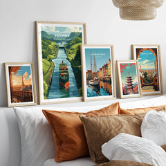 Travel posters of Paris, Panama, Copenhagen, Tokyo, and Barcelona for home decor wall art