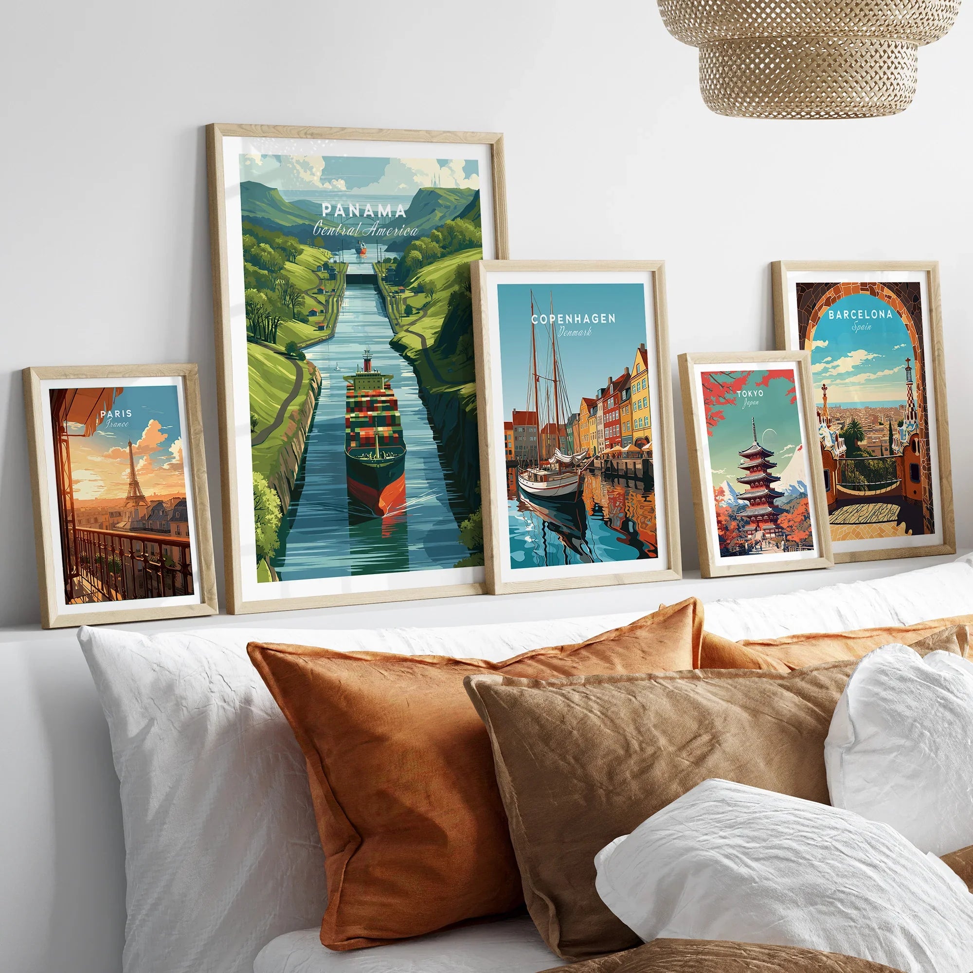 Travel posters of Paris, Panama, Copenhagen, Tokyo, and Barcelona for home decor wall art