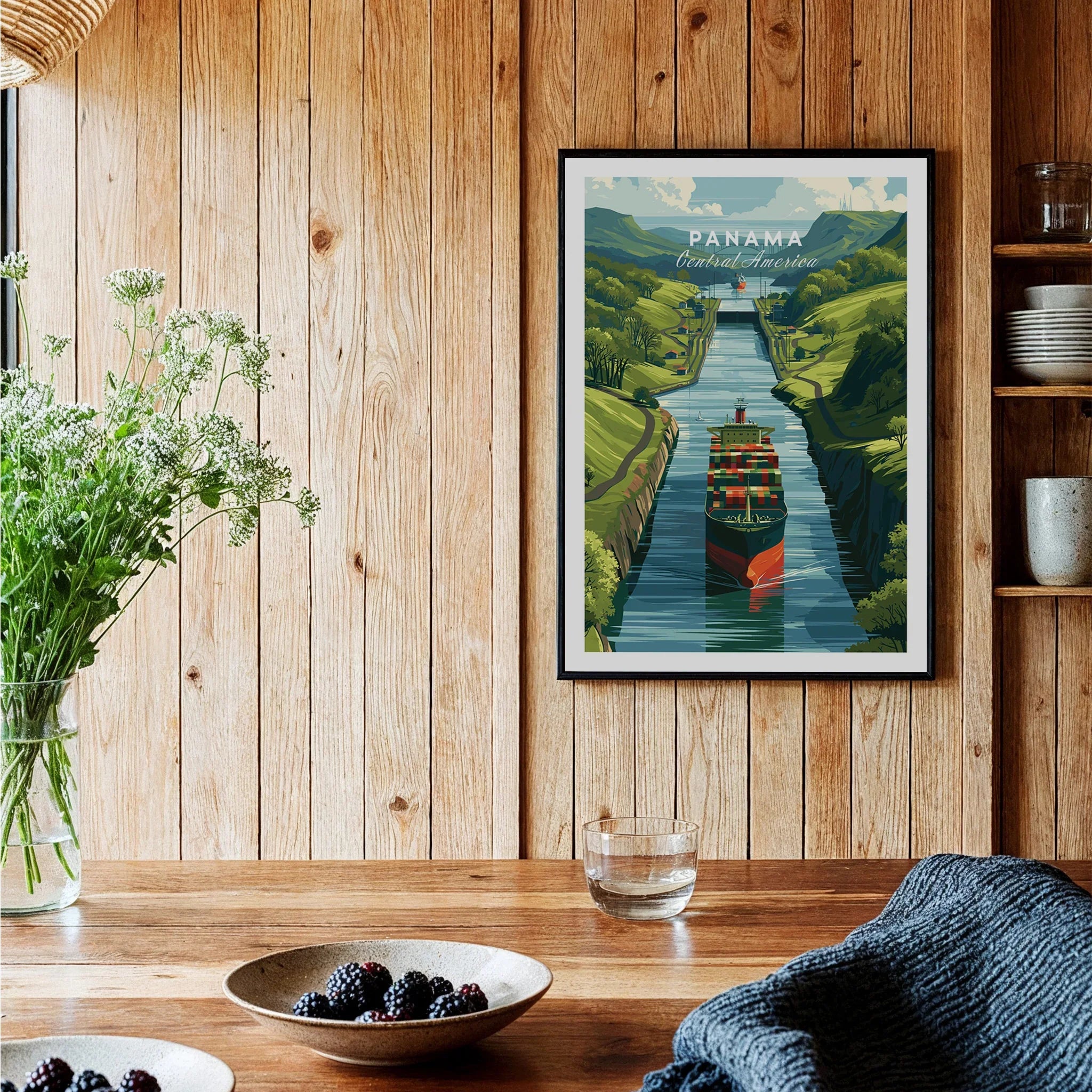 Panama travel poster featuring a cargo ship in the Panama Canal, lush green hills, and vibrant wall art decor.