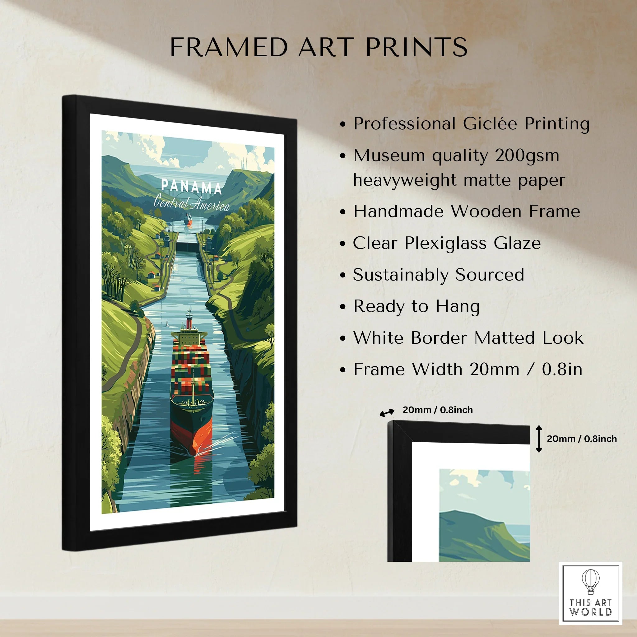 Panama Canal travel poster with cargo ship, framed art print for home decor