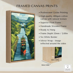 Panama Canal travel poster with cargo ship, framed canvas print for home decor