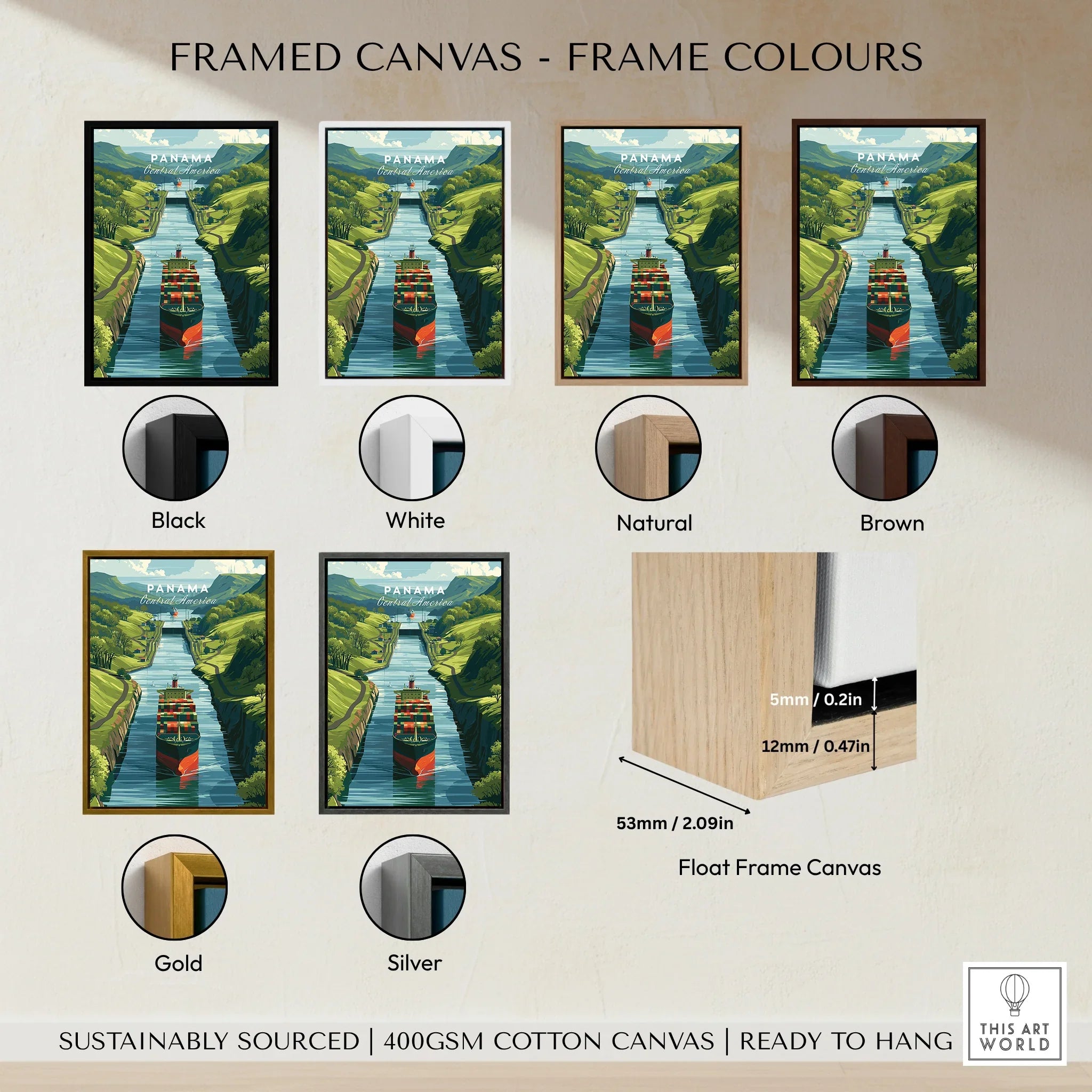 Panama Canal travel poster in various frame colors, sustainably sourced canvas, ready to hang