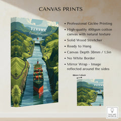 Panama Canal travel poster with cargo ship, lush green hills, and vibrant waterway art print