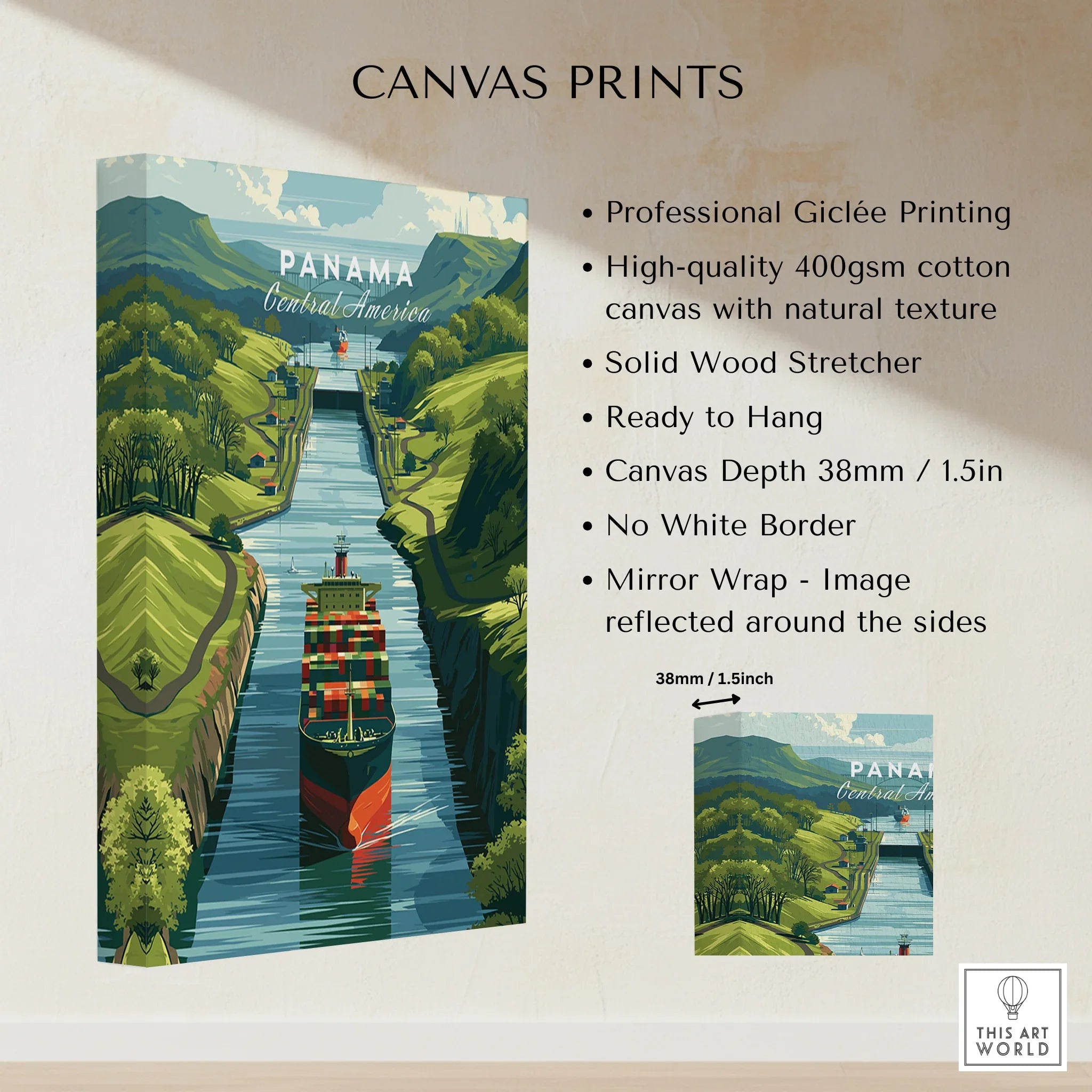 Panama Canal travel poster with cargo ship, lush green hills, and vibrant waterway art print