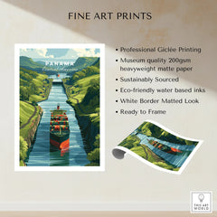 Panama Canal travel poster with cargo ship, green hills, and white border for home decor
