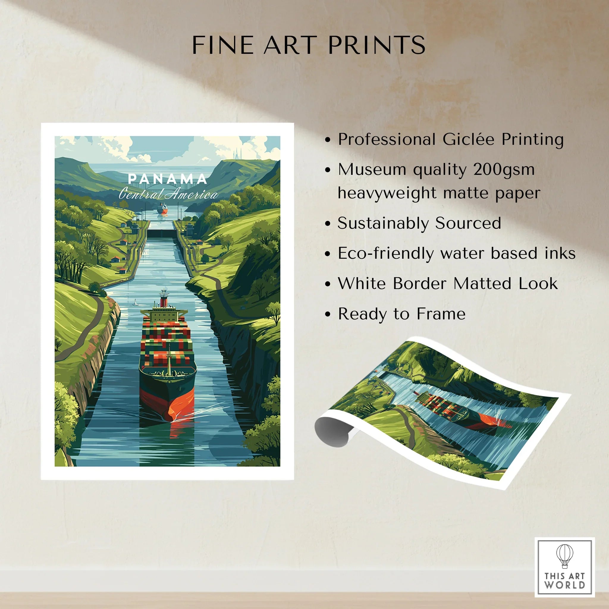Panama Canal travel poster with cargo ship, green hills, and white border for home decor