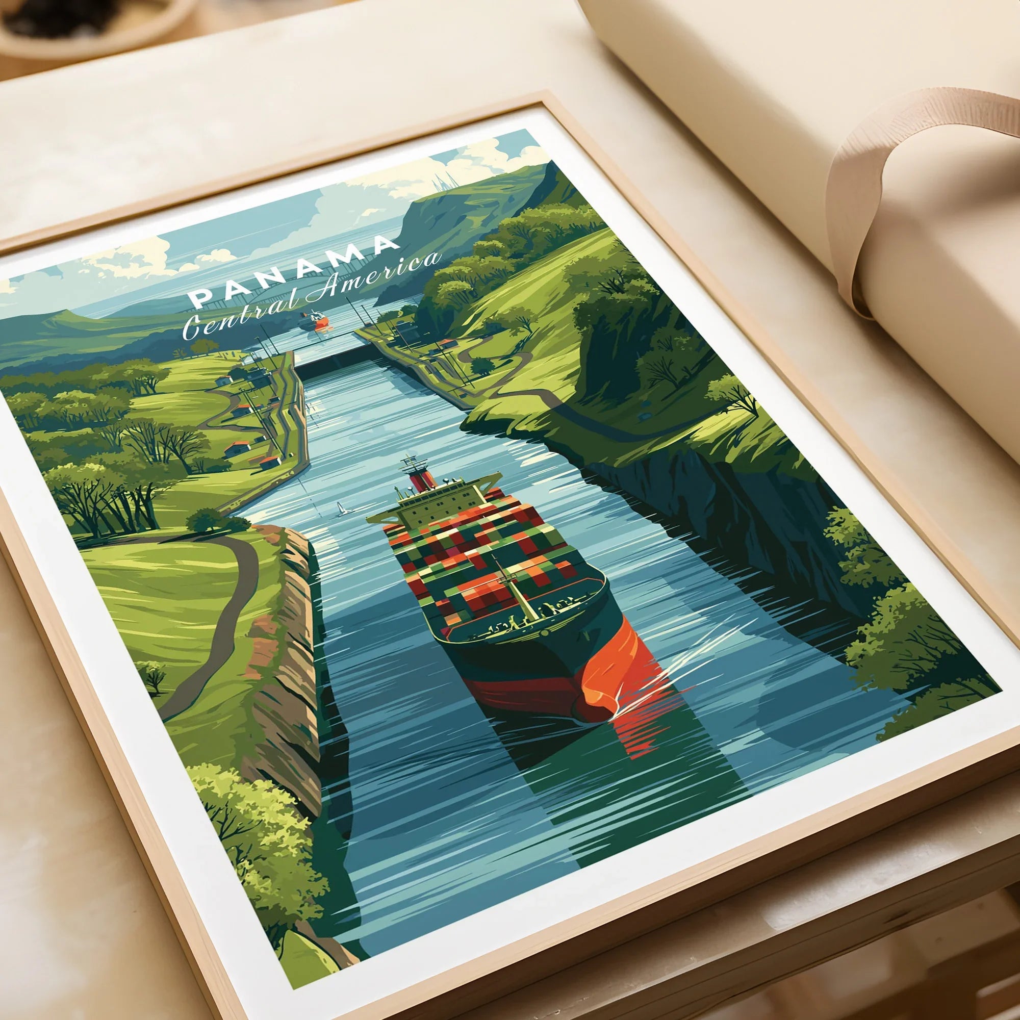 Panama Central America travel poster featuring a cargo ship in the canal, lush green hills, and vibrant artwork.
