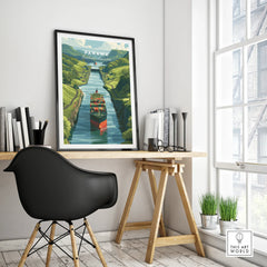 Panama travel poster featuring canal and cargo ship, ideal for home decor