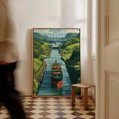 Panama Central America travel poster featuring a cargo ship in the canal, lush green hills, and vibrant wall art decor.