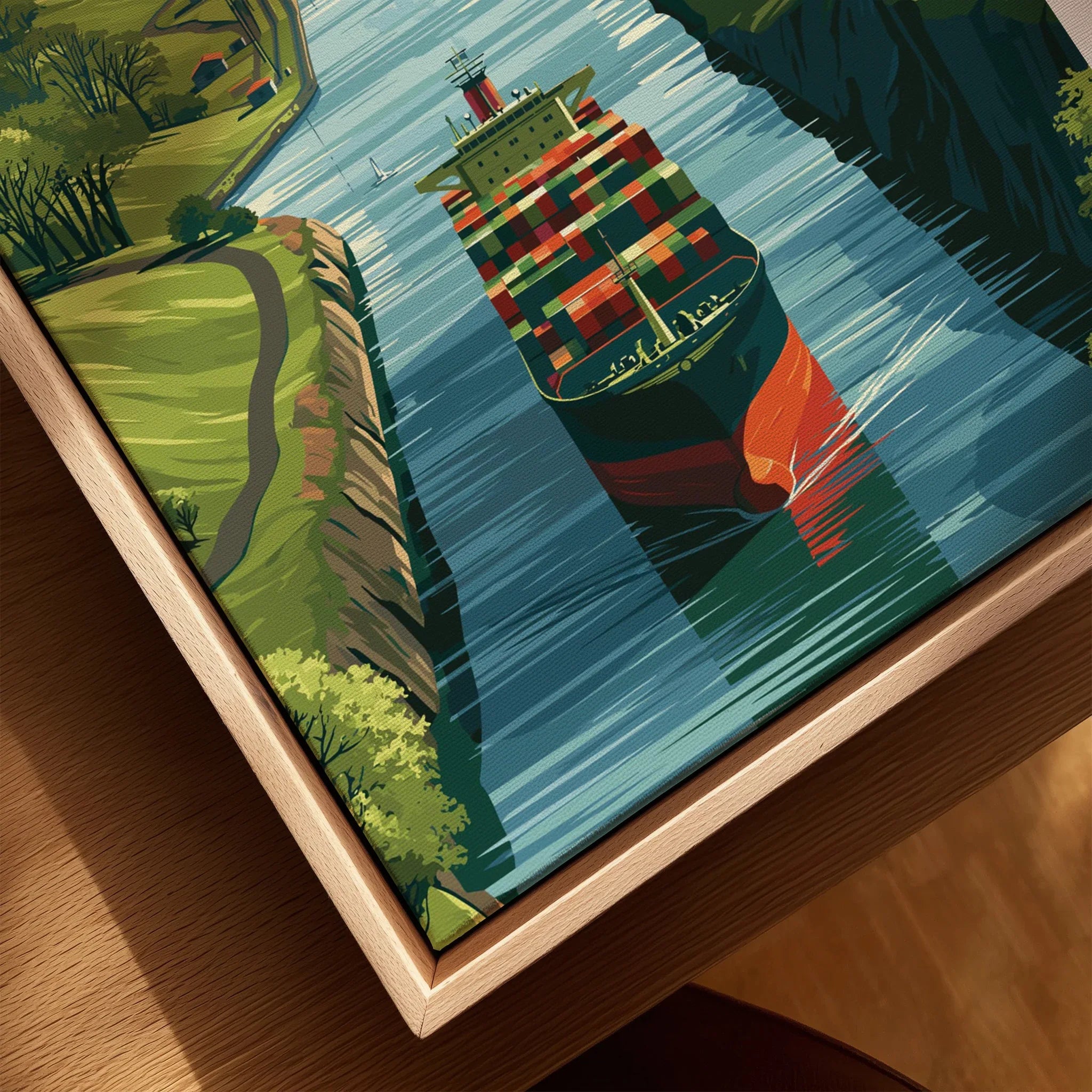 Framed canvas art of a colorful cargo ship sailing through a scenic waterway, perfect for travel-themed wall decor.