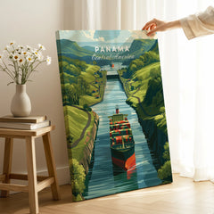 Panama Central America travel poster featuring canal, cargo ship, and lush green hills for home decor