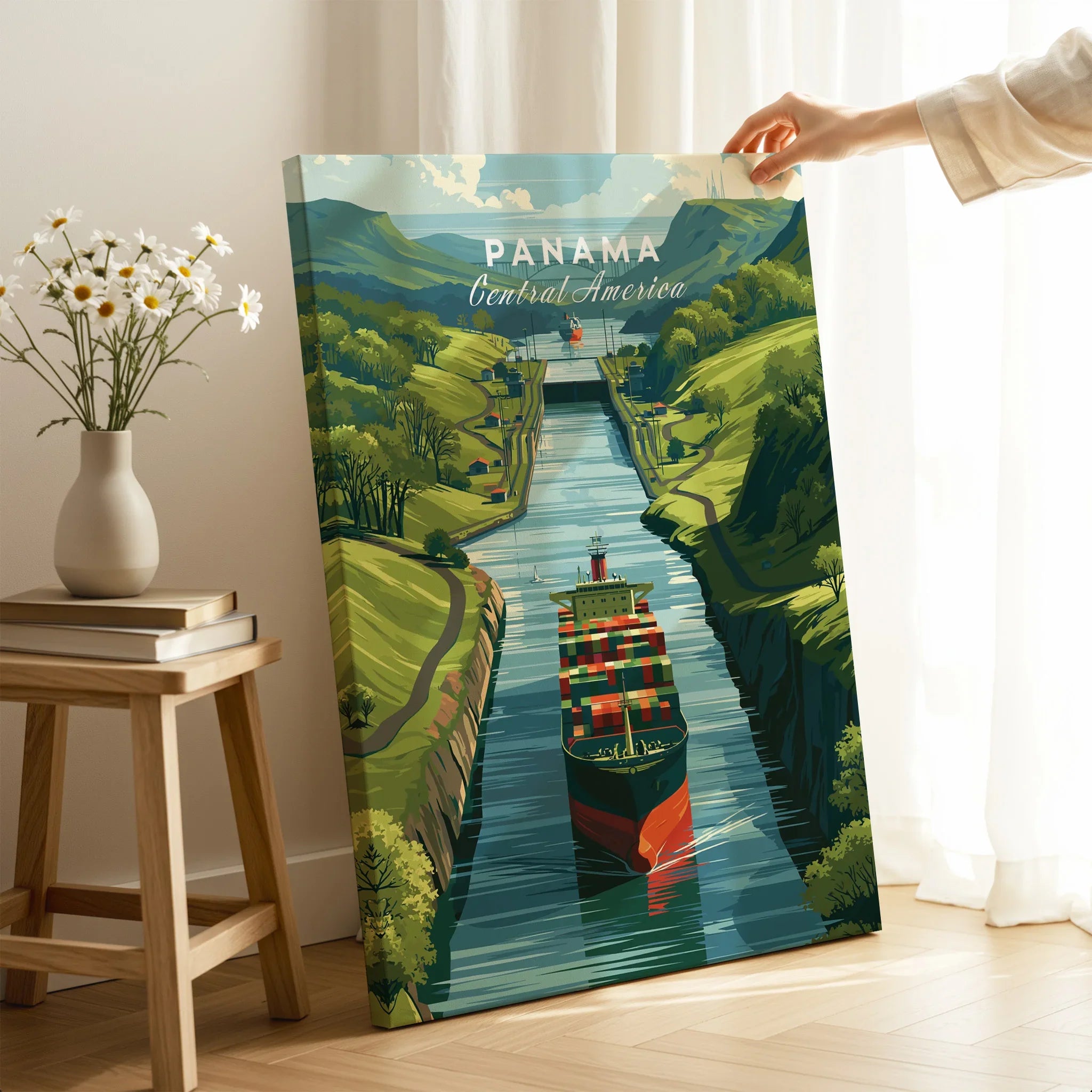 Panama Central America travel poster featuring canal, cargo ship, and lush green hills for home decor